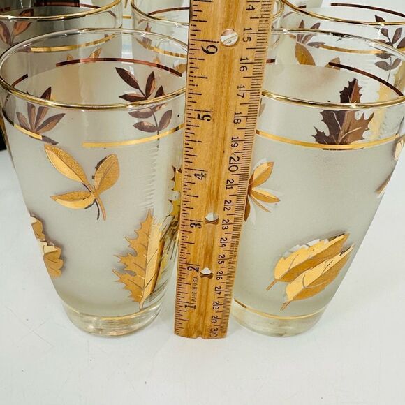 7 Vintage 60s Libbey Frosted Gold Autumn Leaves High Ball Water Glasses NIB MCM - Picture 7 of 14